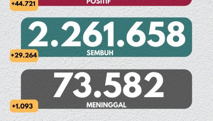 Covid-19 di Indonesia per 18 Juli 2021: 44.721 Kasus Baru, 29.264 Sembuh, 1.093 Meninggal