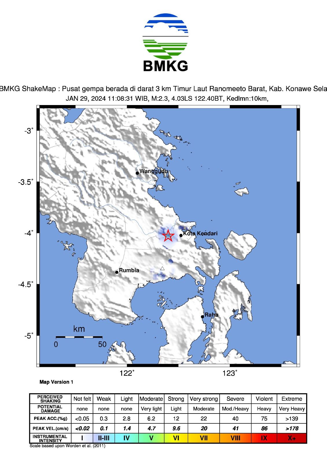 Laporan hasil analisis gempa tektonik 2,3 magnitudo di Ranomeeto Barat, Kabupaten Konawe Selatan oleh Stasiun Geofisika Kendari