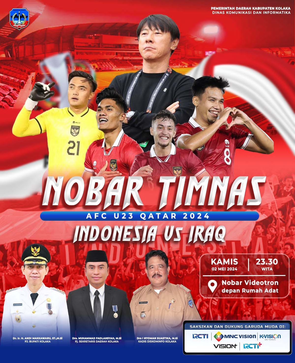 Poster nobar Piala Asia U-23 Timnas Indonesia VS Irak oleh Diskominfo Kolaka