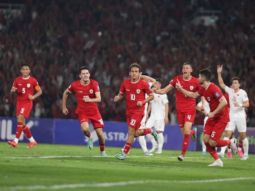 Pemain Timnas Indonesia merayakan gol kemenangan