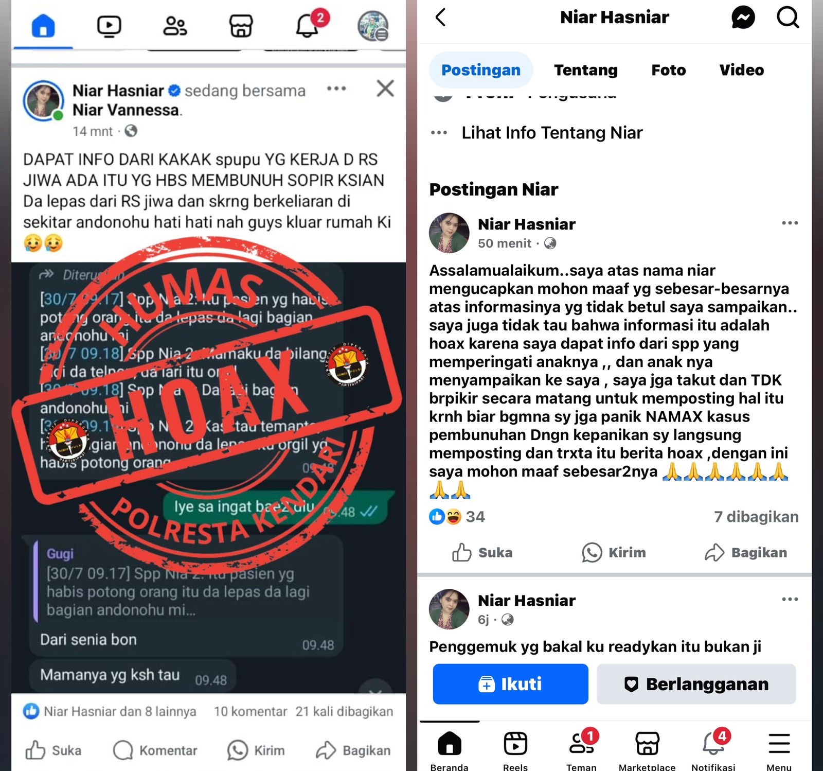 Postingan hoaks dan permintaan maaf akun facebook Niar Hasniar