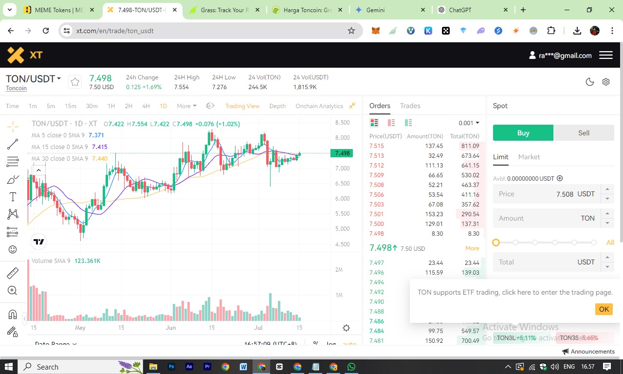 Toncoin (TON/USDT) di market XT.Com, salah satu exchange kripto, Senin 15 Juli 2024