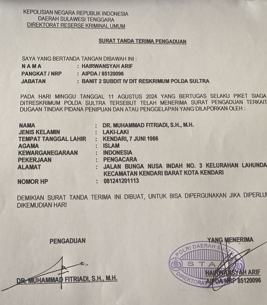 Surat tanda terima pengaduan Ketua DPW PKB Sultra Jaelani di Ditreskrimum Polda Sultra