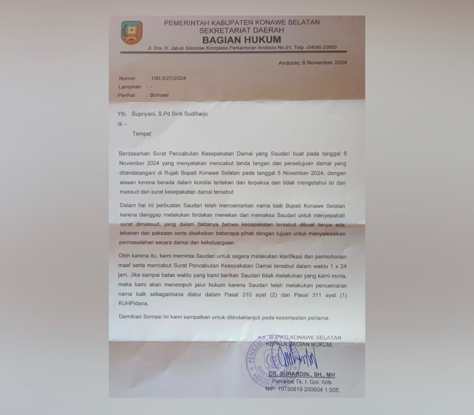 Surat Somasi Pemkab Konawe Selatan untuk Guru Supriyani